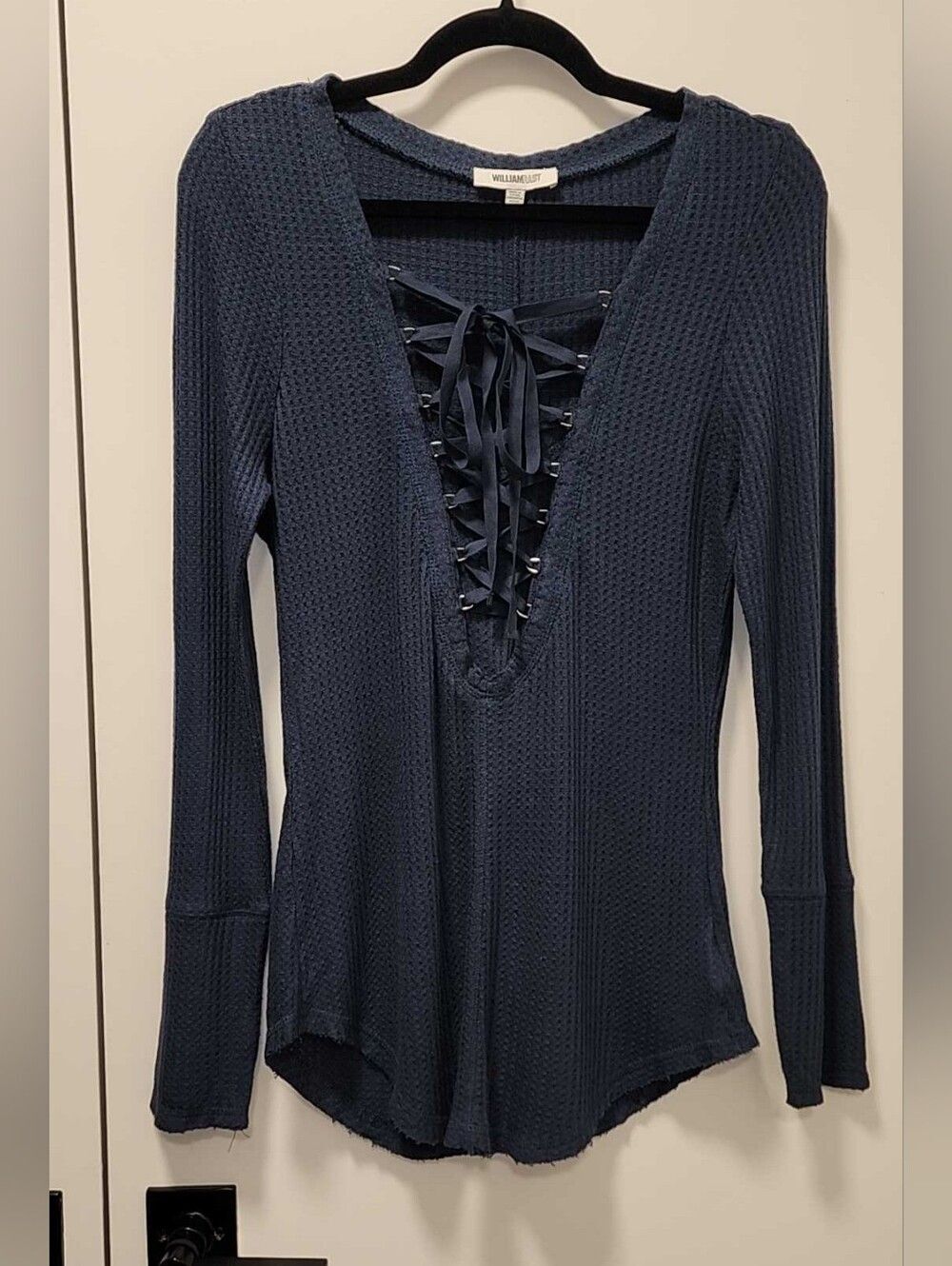 William Rast Navy Lace-Up Waffle Knit Long Sleeve Top - Deep Navy - XL